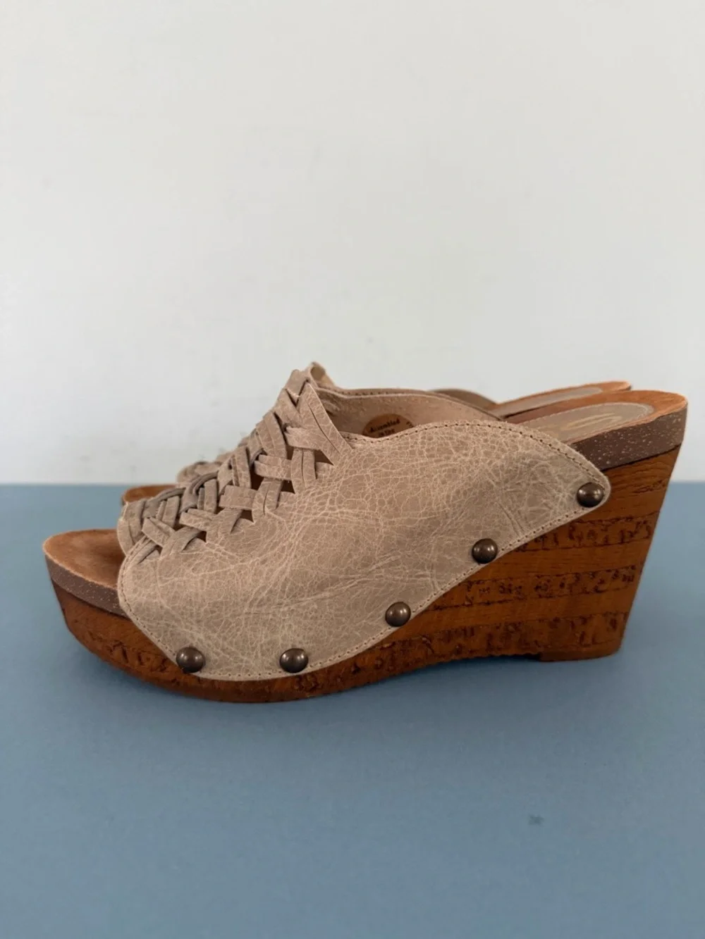Sbicca Genesis Woven Leather Studded Taupe Boho Platform‎ Wedge Sandals